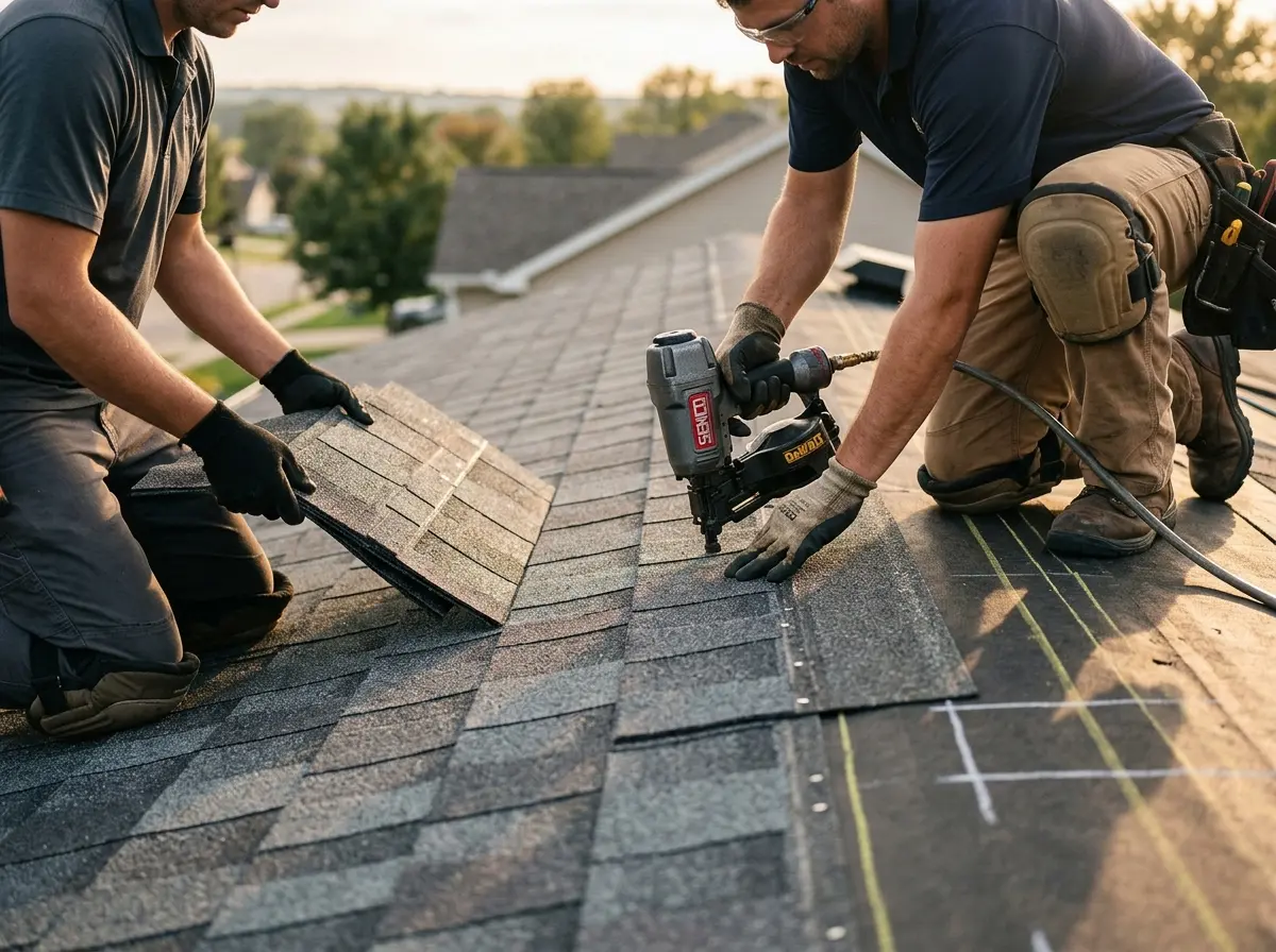 Professional roofer working on a residential roof in Wood River